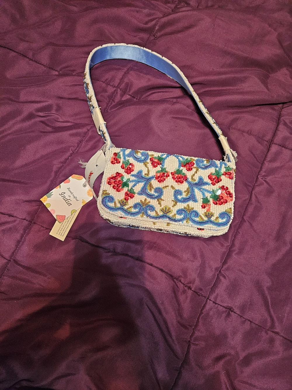 Beaded Floral Crossbody Bag - White with Blue & Red Accents